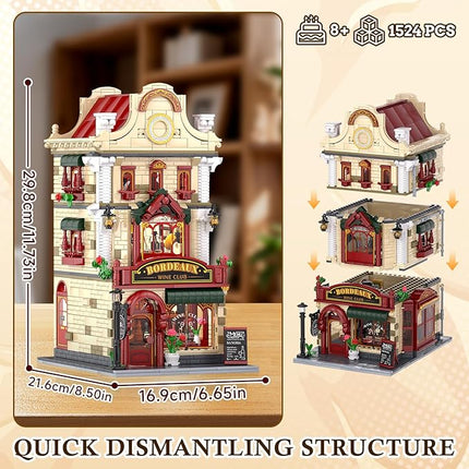 Bordeaux Wine Club Construction Building Set with LED Lights, City Town Winery Chateau House Building Kit, Vintage Collectible Model, Creative Christmas Birthday Gift for Adult Teen,1524 Pcs