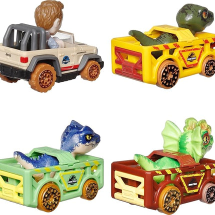 Hot Wheels Toy Cars, RacerVerse 4-Pack of Die-Cast Vehicles Featuring Jurassic World Characters Charlie, Owen, Dilophosaurus & Allosaurus as Drivers