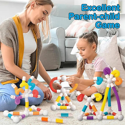 Magnetic Building Blocks Construction Set, 66 Pieces, Educational STEM Toy with Flexible Tubes and Connectors (66PCS)
