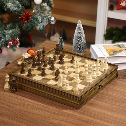 Peradix Magnetic Chess Checkers Board Sets with 2 Built-in Storage Drawers,12.8" Classic 2 in 1 Wooden Games with 2 Extra Queens for Kids and Adults,Travel Portable Chess Game Set
