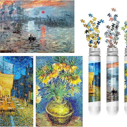 150 Pieces Mini Jigsaw Puzzle for Adults & Kids - 6" x 4" Small Capsule Tube Intelligent Game - Impression Sunrise, Fritillaries in a Copper Vase, Cafe Terrace at Night 3 Pack