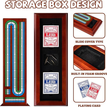 Wooden Cribbage Board Game Set with Large Storage Area, Solid Wood 3 Track Cribbage Board, 9 Metal Pegs, 2 Playing Cards and Instruction. Travel Family Game Night Travel Cribbage Sets for All Ages