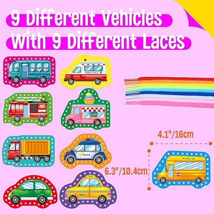SpriteGru 9 Pieces Kids Lacing Cards, Double Sided Sewing Cards in 9 Vehicle Cards with 9 Colorful Laces, Imagination Development Lacing Toys Games for Children Educational and Learning Activity
