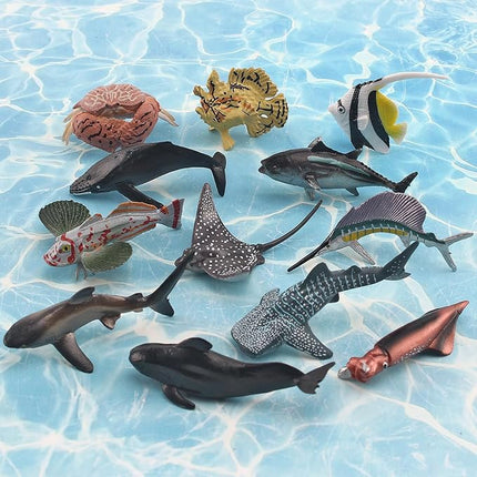 12PCS 2-4 Inch Marine Animal Figures Mini Sea Creatures Sea Ocean Animal Toys for Cake Topper Mini Shark Toy Bath Toys Educational School Project for Kids Toddlers