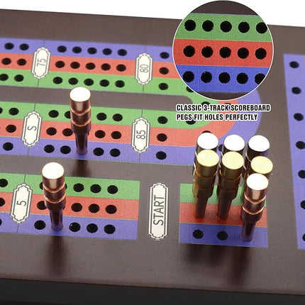 Wooden Cribbage Board Game Set with Metal Pegs and 2 Decks of Playing Cards, Travel Cribbage Board with Card Storage, Magnetic Lock, Classic Continuous 3 Track Cribbage Set for Family