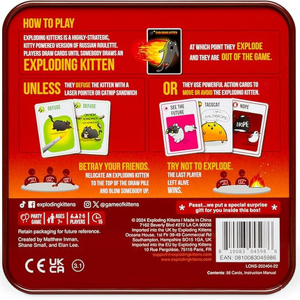 Exploding Kittens Original Edition in Collectible Tin - Fun & Hilarious Card Game for Kids and Adults, Ideal for Party Family Game Night and Party, 56 Cards Included