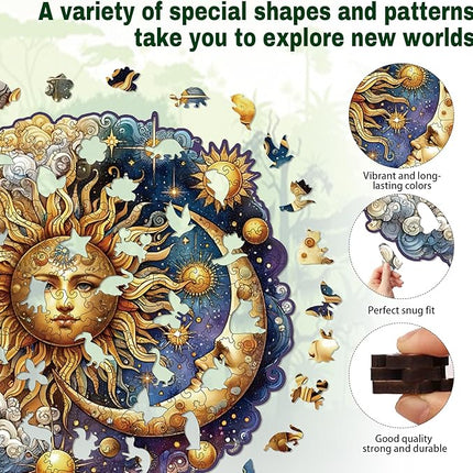 Wooden Puzzles for Adults, Sun and Moon Wood Puzzles 200 Pieces, Irregular Animal Shaped Unique Wooden Jigsaw Puzzles, Creative Ghristmas Gift for Teenagers and Adults