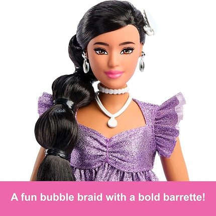 Barbie Deluxe Style Doll #8 in Metallic Purple Top and Sparkly Shorts, Black Hair in Braid, Accessories Like Pearly Jewelry and Handbag