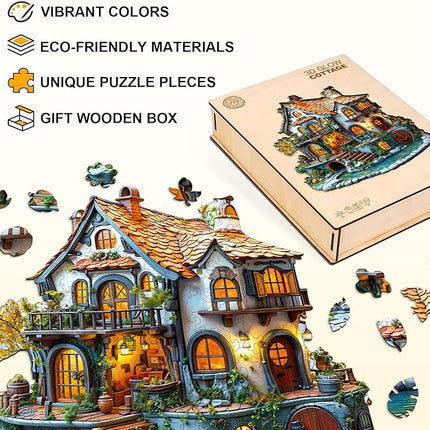 Wooden Puzzles for Adults, Wooden Jigsaw Puzzles for Adults Kids, 3D Glow Cottage Unique Shaped Wood Puzzles Adult, Creative Gifts for Friends Family Game, Home Decor(11.4 * 11.3in 185pcs)