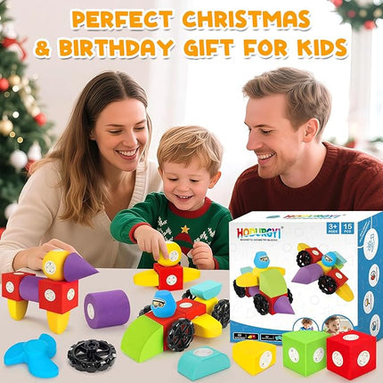 15 PCS Magnetic Foam Blocks for Kids, Large Magnetic Building Blocks for Toddlers 3+, Kids Bath Toys and Preschool STEM Educational Toys, Birthday for Boys & Girls 3 4 5 6+ Years Old