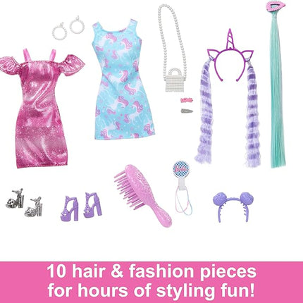 Barbie Fun & Fancy Set, Fashion Doll with Extra-Long Color-Streaked Black Hair, Clothes & Styling Accessories