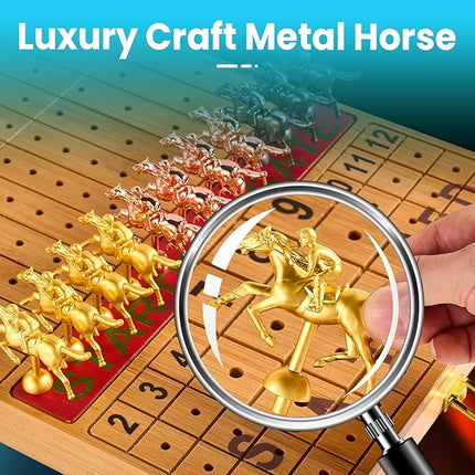 Large 23 inches Bamboo Horse Racing Board Game Foldable Horse Race Board Game with 11 Metal Horses 2 Dice 2 Decks of Cards and 100PCS Chips