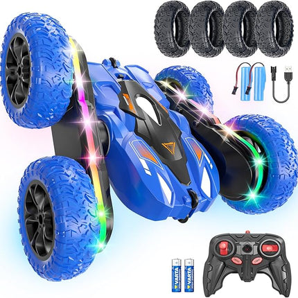 Remote Control Car for Kids, 2.4GHz 4WD Stunt RC Car with Double-Sided 360° Flips, Rechargeable LED Light Off-Road Toy Car for Boys Girls Ages 6-12