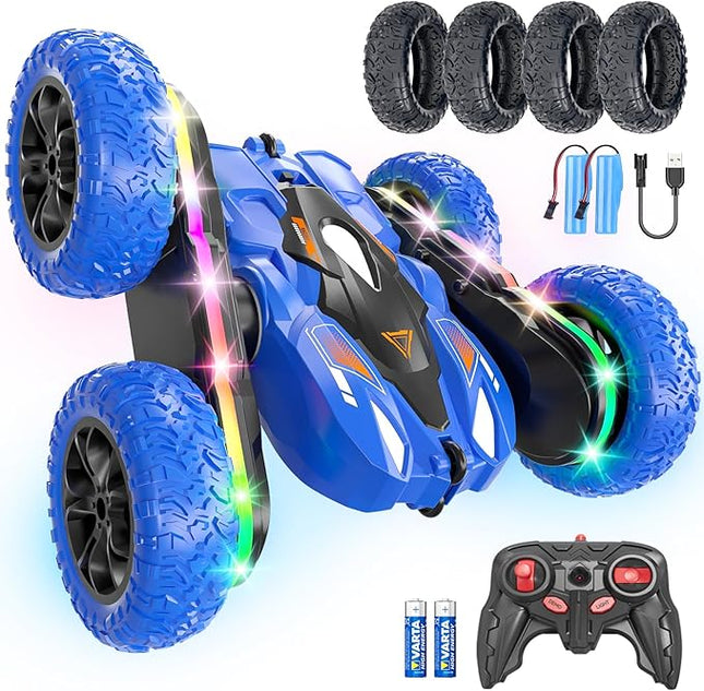Remote Control Car for Kids, 2.4GHz 4WD Stunt RC Car with Double-Sided 360° Flips, Rechargeable LED Light Off-Road Toy Car for Boys Girls Ages 6-12