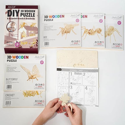 Hands Craft DIY 3D Wooden Puzzle – 6 Assorted Insects & Arachnids Bundle Pack Brain Teaser Puzzles Educational STEM Toy Adults and Kids to Build Safe and Non-Toxic Easy Punch Out Premium Wood JP2B9