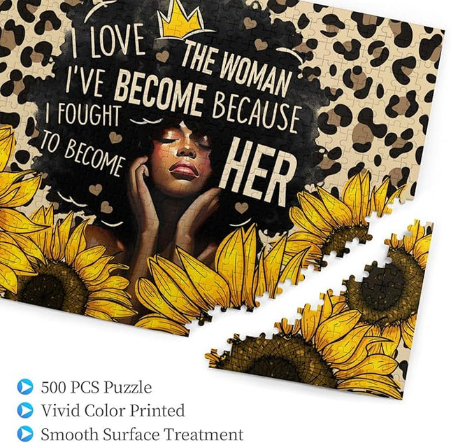 African American Jigsaw Puzzles 500 Pieces for Adults, Sunflower & Leopard Print Art, Black Woman Wooden Puzzle for Stress Relief, Challenging Brain Teaser & Home Decor