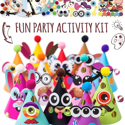 Glittery Garden 24 Pcs Party Hats Birthday Activity Kit with Stickers - Kids Fun Arts & Crafts. Make Your Own Animal & Monster Theme Party Favors & Game Supplies