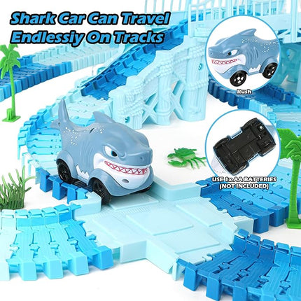 264 PCS Shark Race Tracks for Kids Toys, Glow in The Dark Magic Toy Set, 2 Shark Cars Track, Flexible DIY Track Set, Birthday Gift for Age 3-9 Boys Toddler Girls
