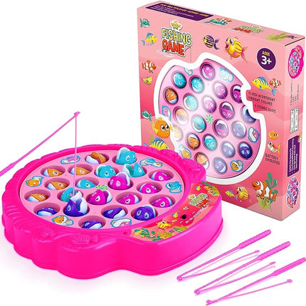Fishing Game Play Set - 21 Fish, 4 Poles, & Rotating Board w/ On-Off Music - Family Children Backyard Pink Toy Games for Kids and Toddlers Age 3 4 5 6 7 Girls and Up