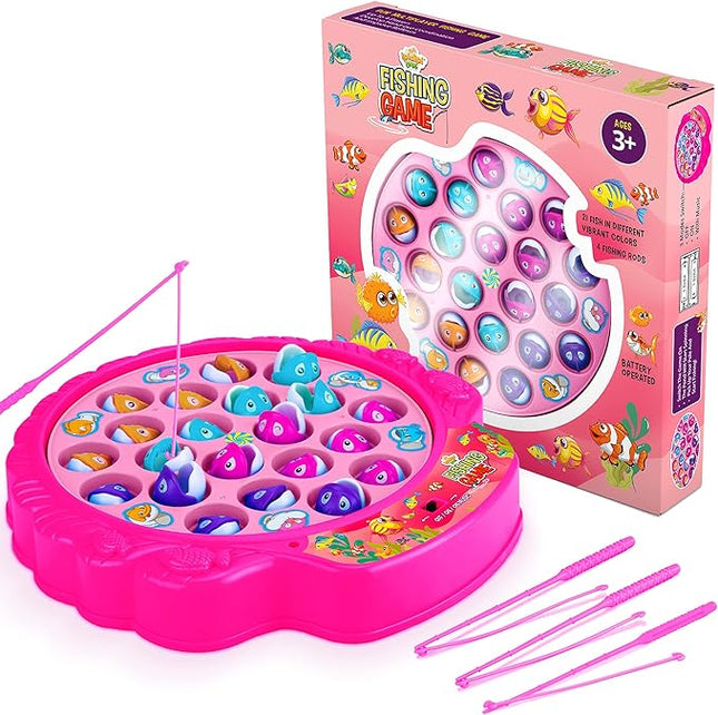 Fishing Game Play Set - 21 Fish, 4 Poles, & Rotating Board w/ On-Off Music - Family Children Backyard Pink Toy Games for Kids and Toddlers Age 3 4 5 6 7 Girls and Up