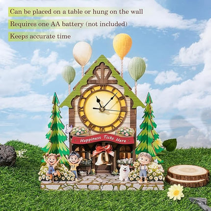 KAAYEE 3D Wooden Puzzles for Adults Balloon House Wooden Clock 3D Puzzle Kit – Whimsical Wall Clock with Floating Balloon Design & Swinging Bell Pendulum – DIY Assembly Art Decor