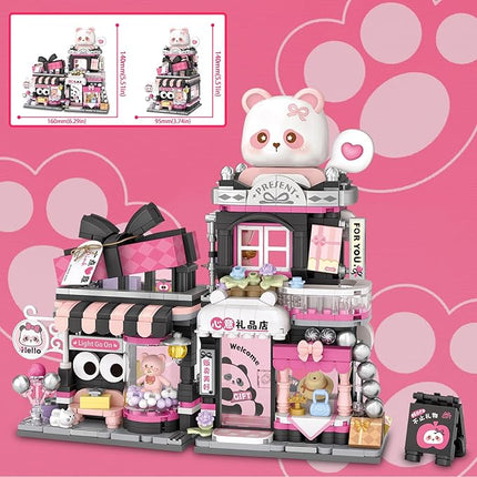 Cute Panda Mini Building Blocks Set, 938PCS MOC Mini Architecture Building Kits with Gift Shop Street View Design - STEM Educational Construction Gift for Girls Boys Kids Adults