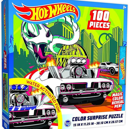 Hot Wheels - Color Surprise Puzzle - 100 Piece Magic Water Reveal Puzzle with Water Pen Included. Great Birthday Gift for Boys and Girls!