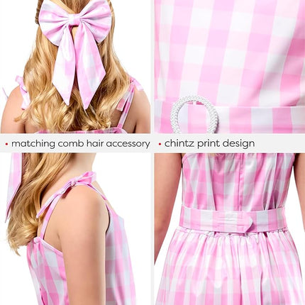 Rubies Barbie Perfect Day Cute Costume Dress in Pink from the Barbie Movie, with Belt and Hair Bow For Kids Girls