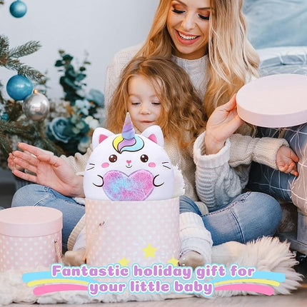 Leyndo Stuffed Unicorn Pillow Plush 14 Inch Cat Plush Toy Unicorn Cat Stuffed Animal Birthday Kitty Plushies Pillow for Christmas Birthday Kids Toddlers Girls Boys Room Sofa Car Decor(Cute)