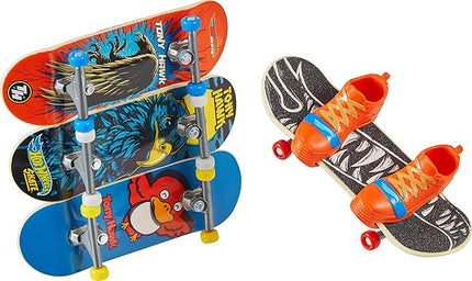 Hot Wheels Skate Tony Hawk Fingerboard & Removable Skate Shoes Multipack, 4 Fully Assembled Boards, 2 Pairs of Skate Shoes, 1 Exclusive Set (Styles May Vary)
