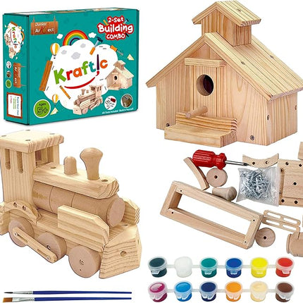 Kraftic Woodworking Building Kit for Kids and Adults, 2 Educational DIY Carpentry Construction Wood Model Kit Toy Projects for Boys and Girls - Build a Wooden Town Hall Birdhouse and Train