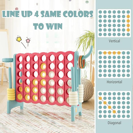 Costzon Giant 4-in-A-Row, Jumbo 4-to-Score Giant Game w/Basketball Hoop, Ring Toss, Quick-Release Slider, 42 Jumbo Rings, Indoor Outdoor Family Connect Game for Kids & Adults, Backyard Games