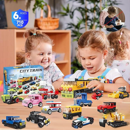 16 Pack Building Blocks Party Favors for Kids, 2 in 1 710pcs Creative Building Kits Mini City Vehicles include Police Car & Train, Christmas Toy Gifts Goodie Bag Fillers Stuffers for Boys Girls Kids