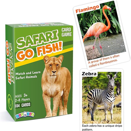 BenBen Go Fish Card Game for Kids, 104 Picture Cards, Jumbo Size, Safari Animal Learning Playing Cards, Memory Matching Games with Real Photos Fun Facts, 2-8 Players, Easter Basket Stuffers