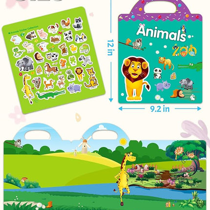 Benresive Reusable Sticker Book for Toddlers 2-4 Years, Fun Travel Stickers for Kids, Waterproof Sticker Books for Toddlers 1-3, Crafts Activities for Todddlers 1-3 2-4 3-5 - Animals Zoo