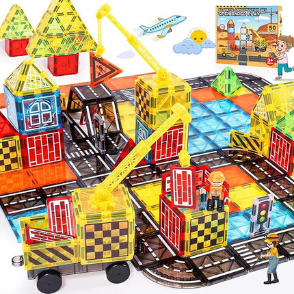Magnetic Tiles Kids Construction Toys - Road Set with Magnet Crane for Boys Age 3-5 4-8 8-10, Magnet Building Blocks Expansion Pack Toy Car Track Train Set, Road, Dolls, Traffic Lights and Stations