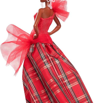 Barbie Signature Doll, 2024 Holiday Fashion Doll with Brown Hair Wearing Plaid Gown, Seasonal Collector Gift in Displayable Packaging