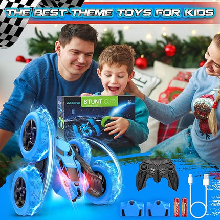Remote Control Car, RC Cars Toys for Kids Ages 6-12, 4WD Stunt Car with LED Lights & 360° Flips, 2.4GHz, Upgraded USB-C Modular Batteries, 6-10 Year Old Boys Birthday Gift - Blue