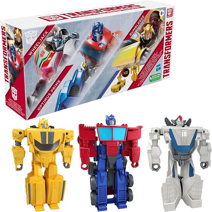 Transformers 1-Step Flip Heroes 3-Pack, 4-Inch Wheeljack, Bumblebee, and Optimus Prime Action Figures, Kids Easter Toys or Basket Stuffers, Age 6+