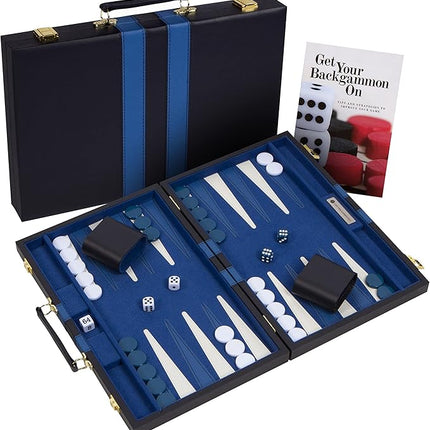 Get The Games Out Top Backgammon Set - Classic Board Game Case - Best Strategy & Tip Guide - Available in Small, Medium and Large Sizes (Blue, Large)