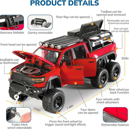 Toy Trucks for Boys 1/32 Diecast Trucks Mammoth Model Truck,Collectible Pickup Truck Model Kit,Pull Back Cars with Lights and Sounds,Toy Trucks for Boys Age 4-7（Red）