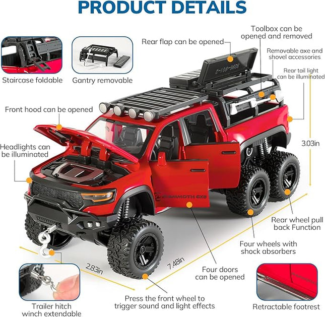 Toy Trucks for Boys 1/32 Diecast Trucks Mammoth Model Truck,Collectible Pickup Truck Model Kit,Pull Back Cars with Lights and Sounds,Toy Trucks for Boys Age 4-7（Red）
