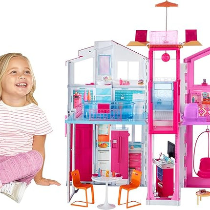 Barbie 3-Story Townhouse Dollhouse with Elevator, Swing Chair, Furniture and Accessories, Fold for Portability and Travel (Amazon Exclusive)
