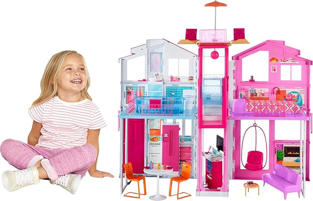 Barbie 3-Story Townhouse Dollhouse with Elevator, Swing Chair, Furniture and Accessories, Fold for Portability and Travel (Amazon Exclusive)