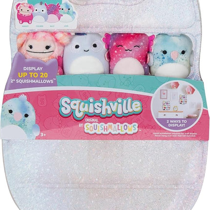 Squishville by Original Squishmallows Play and Display Storage - Four 2-Inch Plush Included - Big Foot, Axolotl, Parrot, Chameleon - Hang or Stand Display Case - Amazon Exclusive