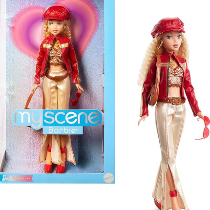 Barbie Signature My Scene Doll & Accessories, in Y2K-Inspired Outfit with Pleather Jacket, Flare Pants, Saddle Bag & Display Stand