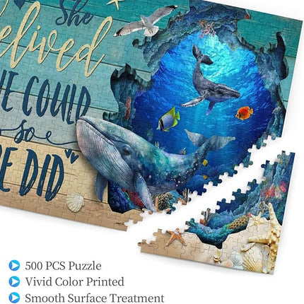 Ocean Jigsaw Puzzles 500 Pieces for Adults, Majestic Whales & Inspirational Quotes, Motivational Sea Life Art Wooden Puzzle for Stress Relief, Empowering Home Decor