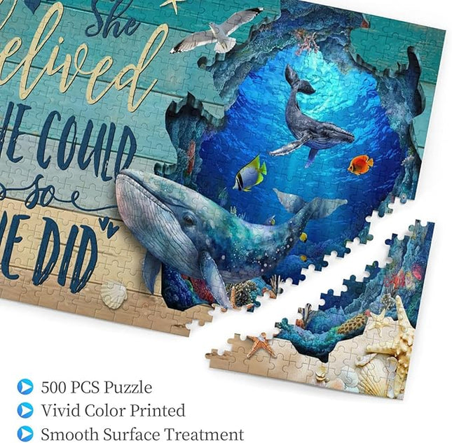 Ocean Jigsaw Puzzles 500 Pieces for Adults, Majestic Whales & Inspirational Quotes, Motivational Sea Life Art Wooden Puzzle for Stress Relief, Empowering Home Decor
