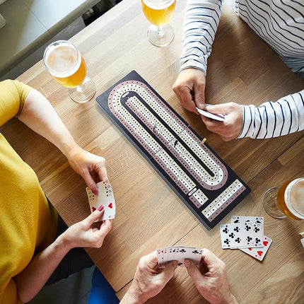 Cribbage Board Game Set - Wooden Foldable 3-Track Board with Magnetic Closure, 9 Metal Pegs, Playing Cards, Portable Family Travel Game for Gatherings and Gifts