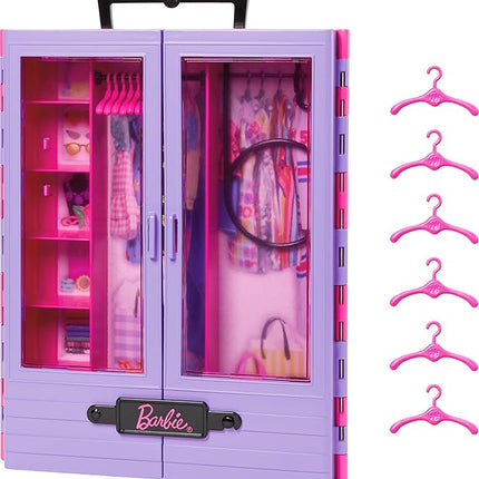 Barbie Fashionistas Ultimate Closet & 6 Hangars, Purple with Fold-Out Rack & Carrying Handle, Portable Storage for Fashion Doll Clothes & Accessories